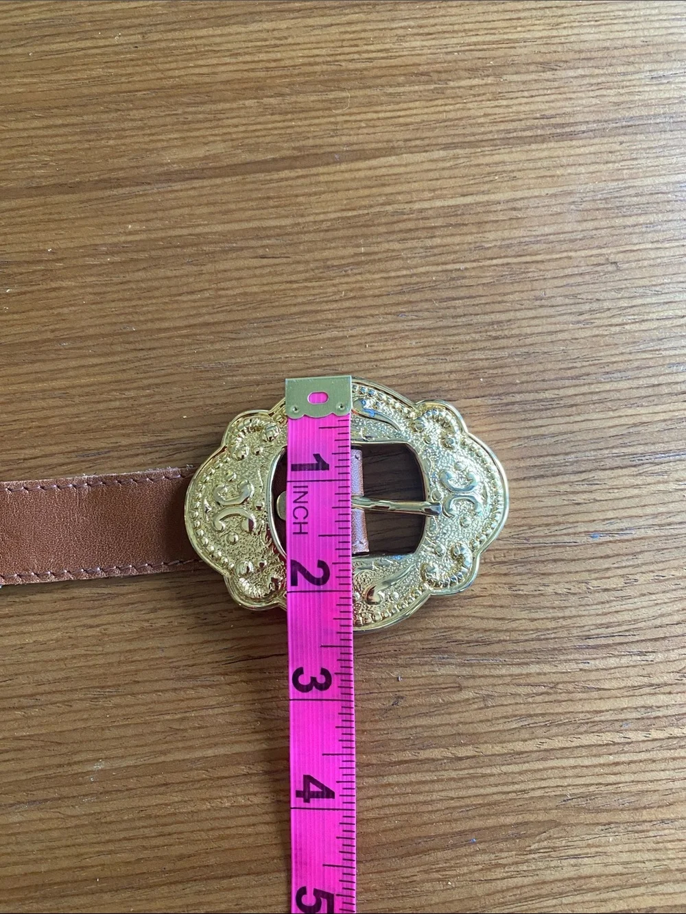 Vintage Accessory Lady Brown Leather Belt W/ Ornate Gold Buckles Substantial  L